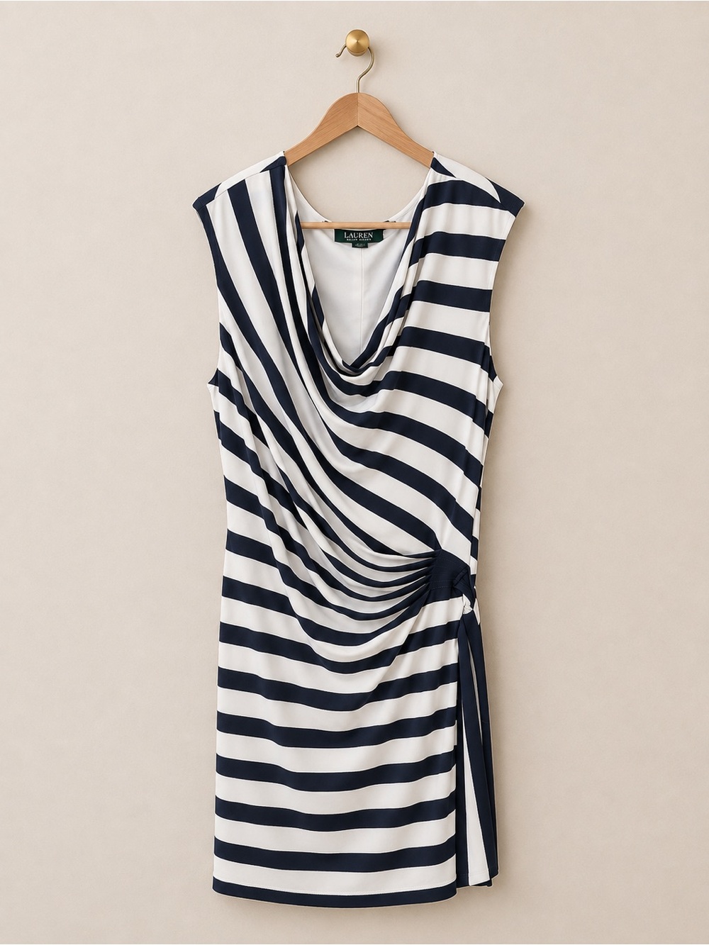 Lauren Ralph Lauren 18W Navy White Striped Cowl Neck Ruched Dress